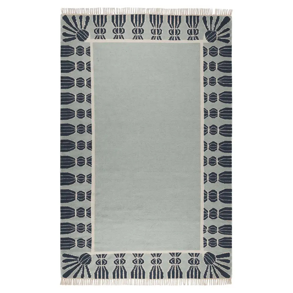 Handwoven Wool Tassel Rug, 8' x 10', Sky Blue, Navy, and Eggshell | 1stDibs