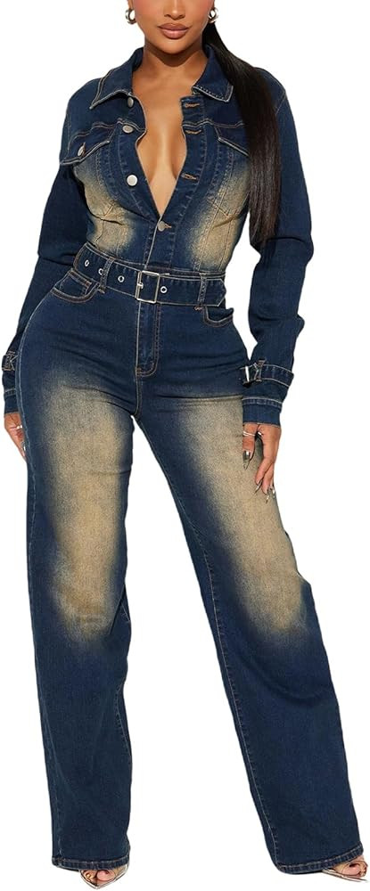 Mandonce Long Sleeve Denim Jumpsuit for Women Straight Leg Washed Stretch Jean Jumpsuit with Belt... | Amazon (US)