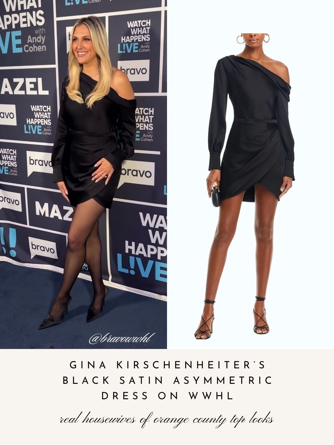 Gina Kirschenheiter’s Black Satin Asymmetric Dress on WWHL 📸 = @bravowwhl