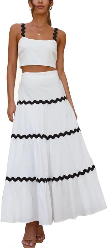 Womens 2 Piece Sets Summer Sleeveless Low Cut Square Neck Tops Casual High Waisted Loose Flowy La... | Amazon (US)