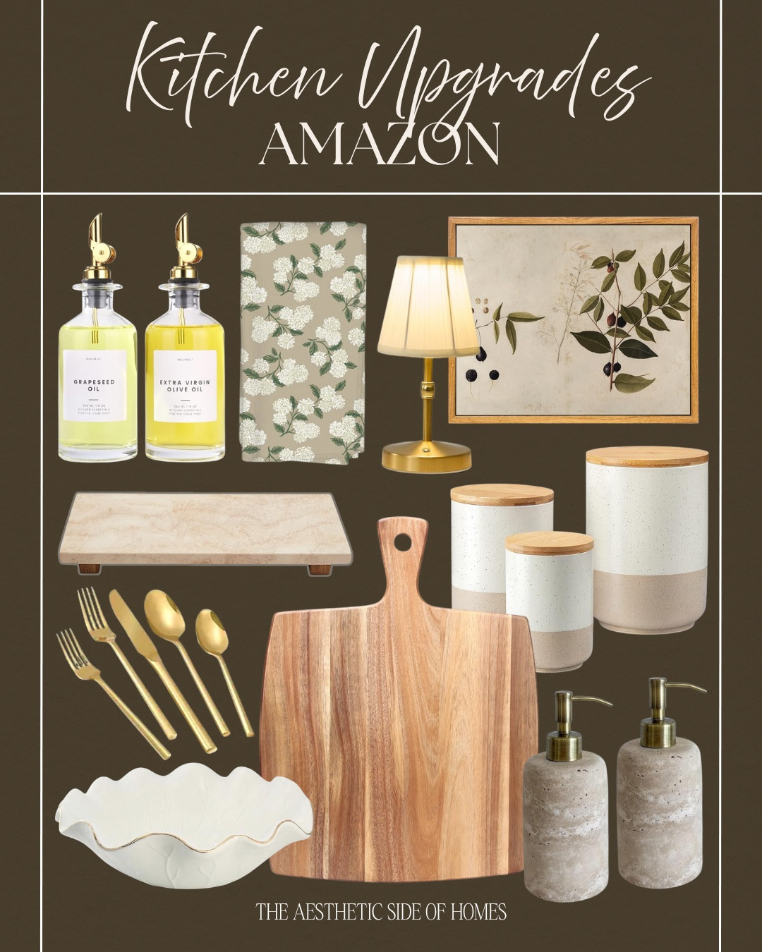 Amazon kitchen refresh includes canisters, wall art, small lamp, kitchen towel, oil and vinegar dispenser, soap dispenser, tray, gold silverware, fruit bowl, cutting board.

Home decor, kitchen decor, kitchen must haves

#LTKvlog #LTKHome #LTKSeasonal