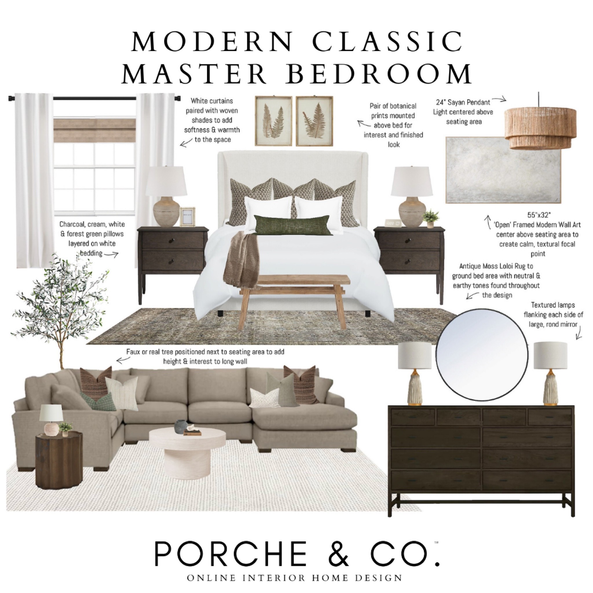 Master bedroom, bedroom mood board, bedroom decor, upholstered bed, printed rug, nightstands, artwork, bedroom design #bedroom #moodboard 

#LTKstyletip #LTKhome #LTKSeasonal