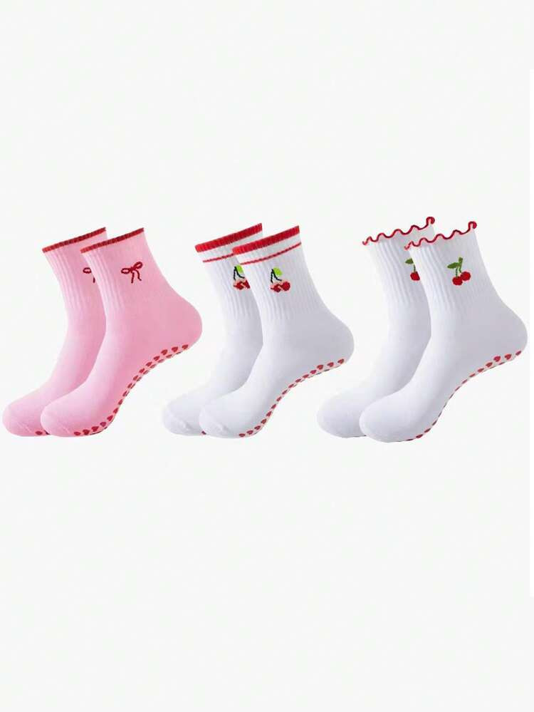 1/3 Pairs Multi-Size Cute Cherry, Bow, Scalloped Edge, Heart Dot Printed Pilates & Yoga Socks, Fa... | SHEIN