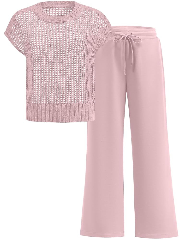 Women Two Piece Outfits Crochet Sheer Knit Sweater Top Wide Leg Pants Lounge Matching Sets Sweats... | Amazon (US)