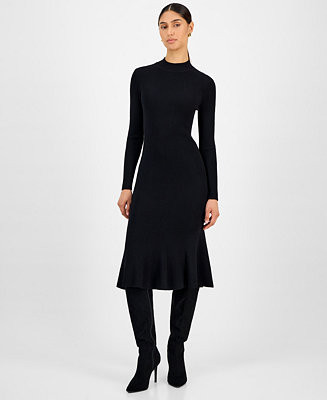 Women's Long-Sleeve Ribbed Bodycon Flare Dress | Macy's
