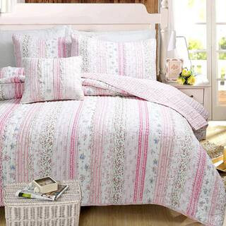 Pink Rose Peonies Flower Garden Lace Ruffle Stripe Shabby Chic 3-Piece Pink Cotton Queen Quilt Bedding Set | The Home Depot