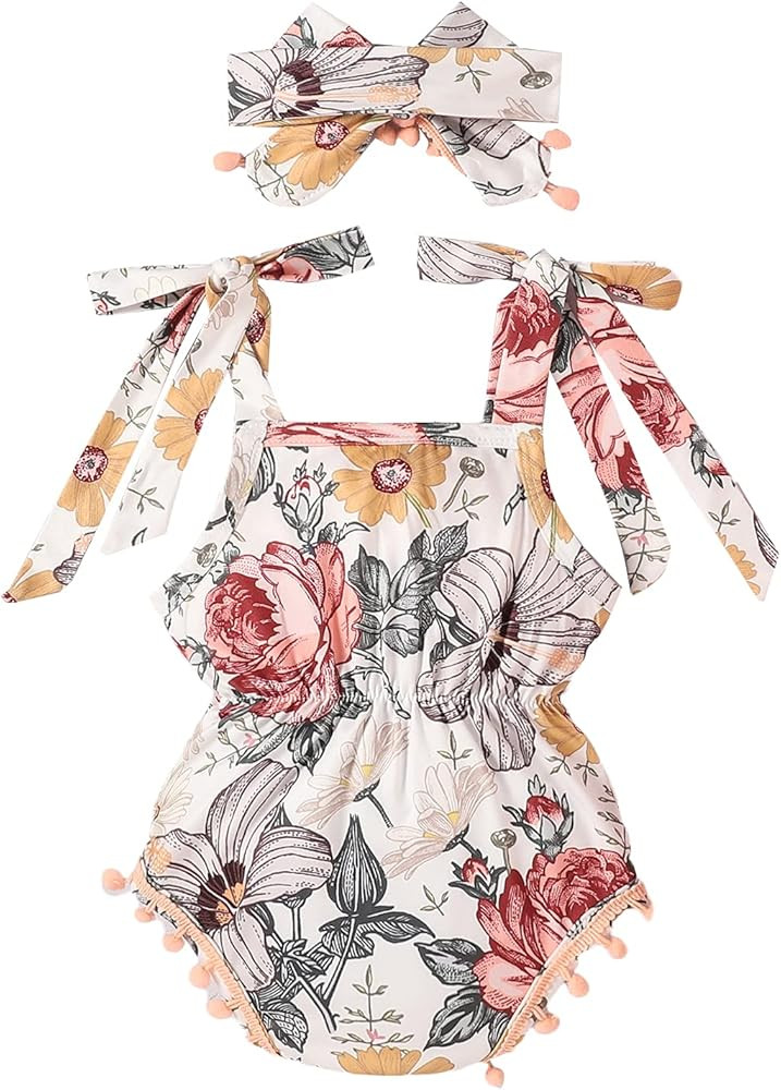 Baby Girls Clothes Sleeveless Floral Pom Pom Tie Up Romper Outfits with Headband | Amazon (US)