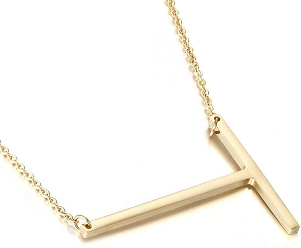 MOMOL Sideways Initial Necklace 18K Gold Plated Stainless Steel Large Big Letters Pendant Necklace S | Amazon (US)
