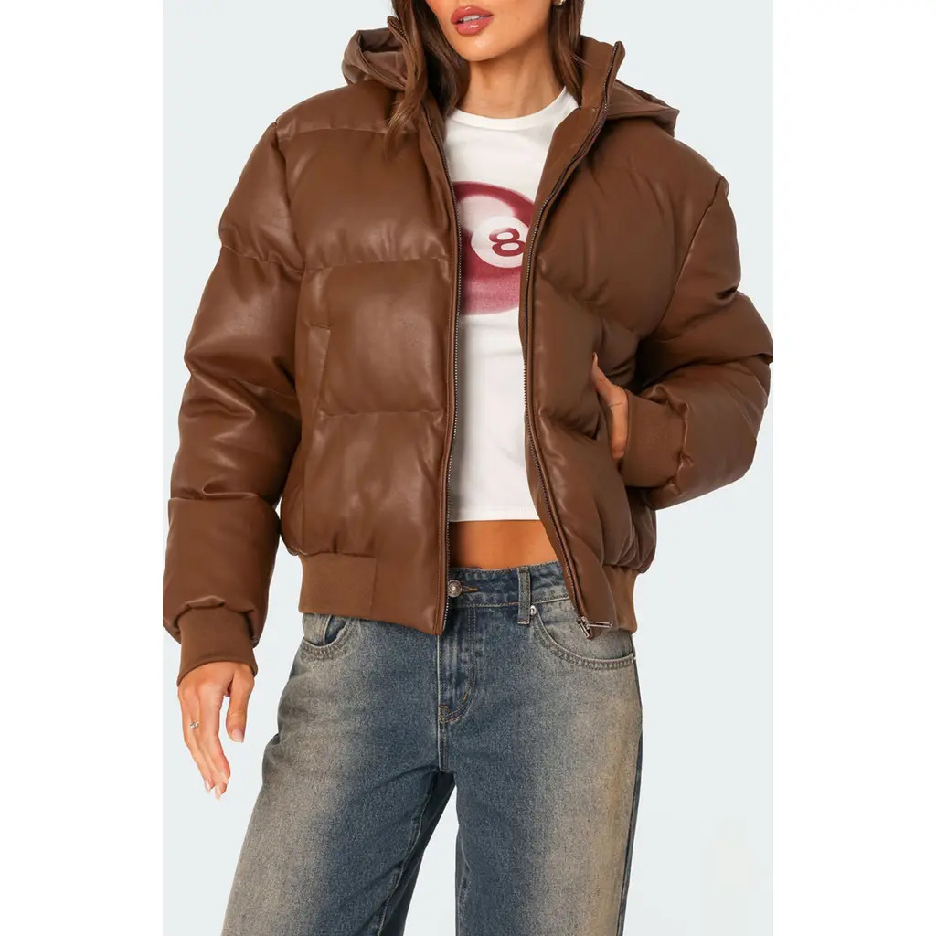 EDIKTED Wintry Faux Leather Hooded Puffer Jacket in Brown at Nordstrom, Size Small | Nordstrom