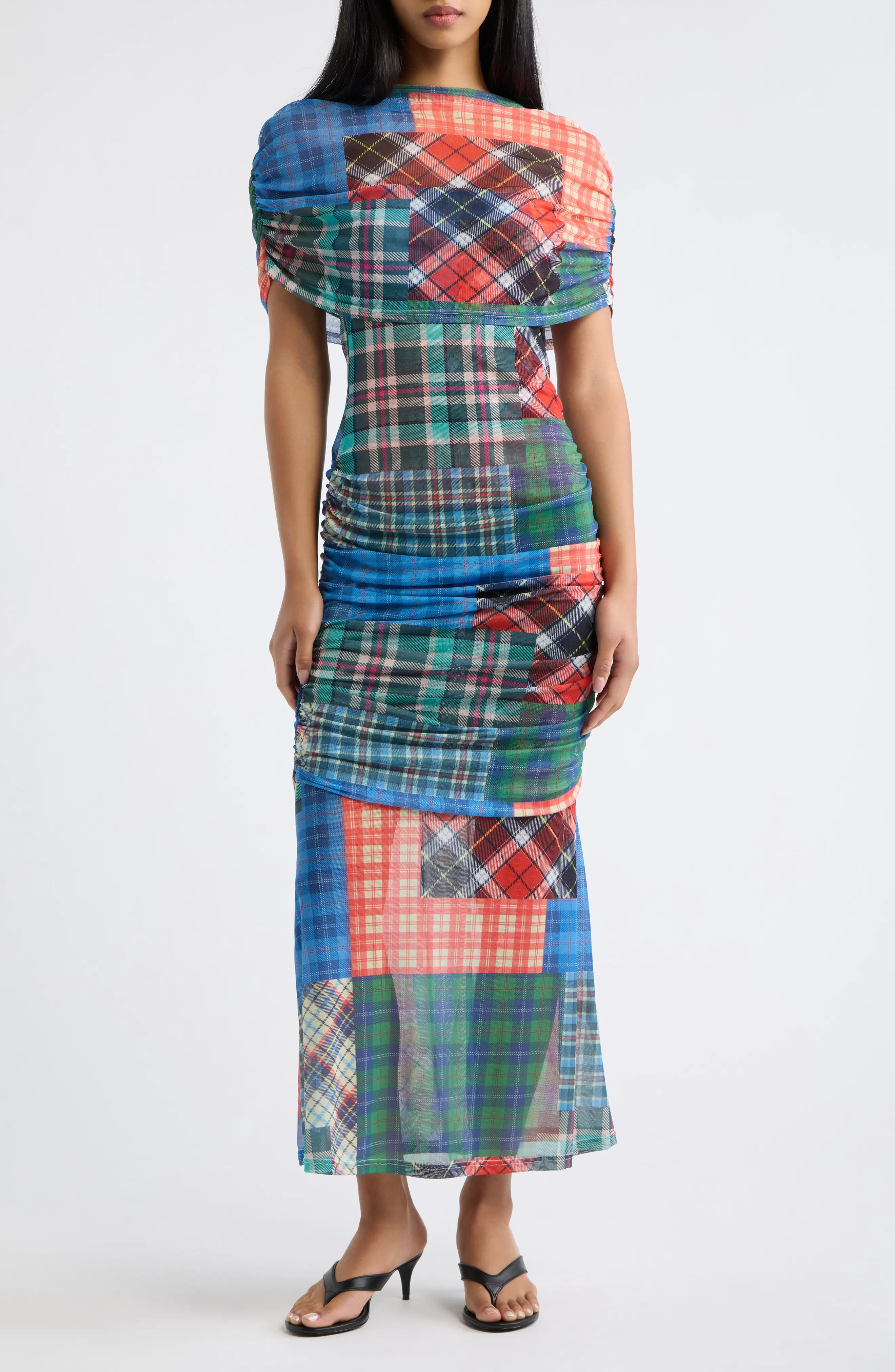 Dressed in Lala Girl from Mars Mesh Off the Shoulder Dress in Mixed Plaid at Nordstrom, Size Medium | Nordstrom