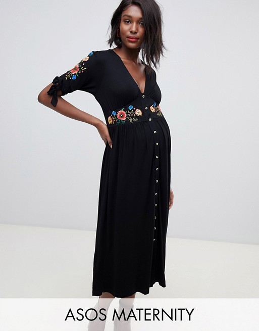ASOS DESIGN Maternity embroidered midi button through tea dress | ASOS US