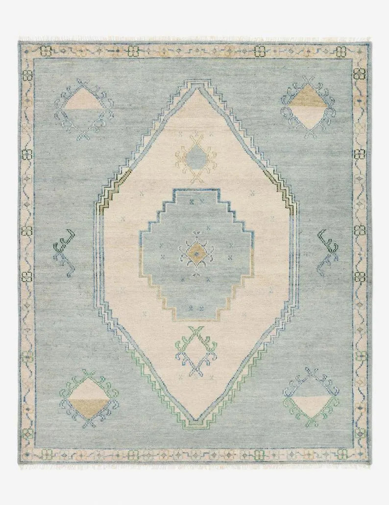 Soft Blue Oushak Rug | Hand Knotted Wool Turkish Rug | Light Pastel Vintage Style Area Rug | Modern Farmhouse Oushak Carpet with Green Beige | Etsy (Global)