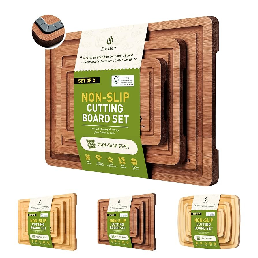 3 Packs Bamboo Cutting Board Set with Non Slip Feet and Over Sink Nice Solid Thick Wood Juice Gro... | Amazon (US)