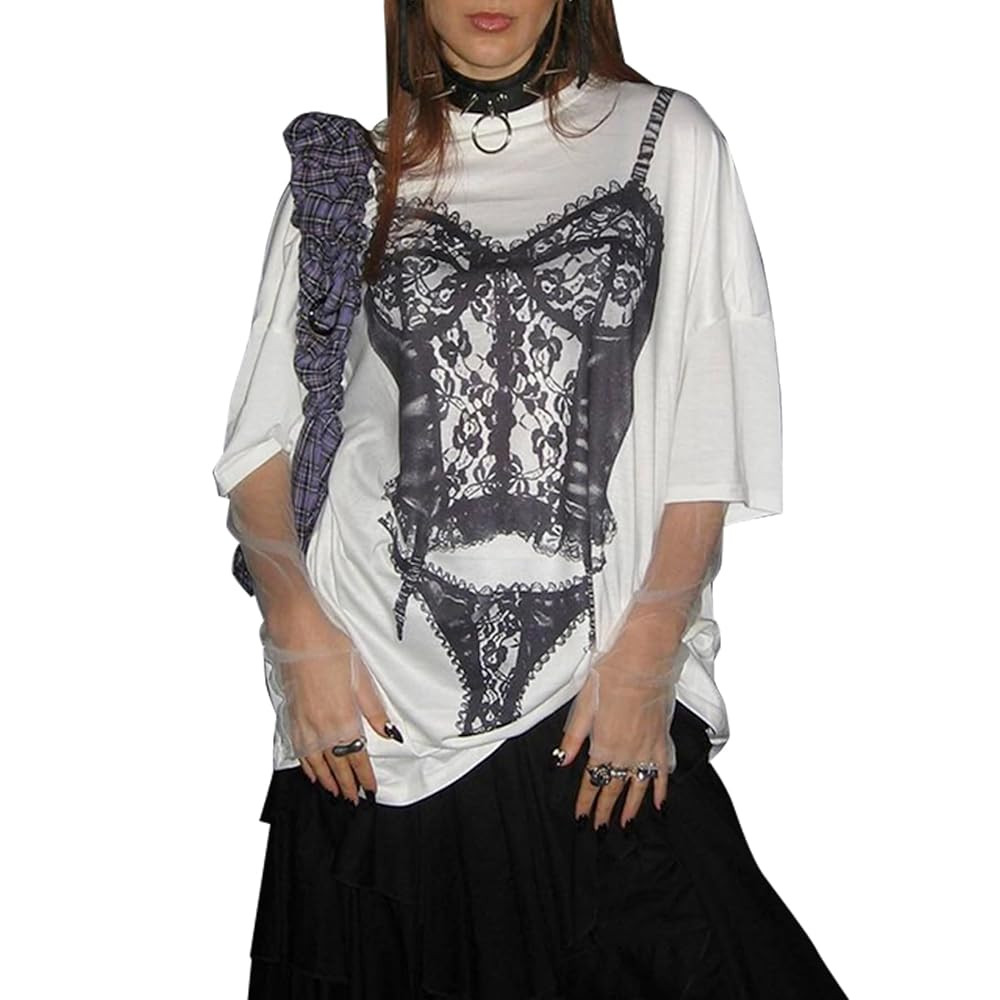 Women Oversized Graphic Tees Short Sleeve Lingerie Print Casual Summer T Shirts Blouses | Amazon (US)