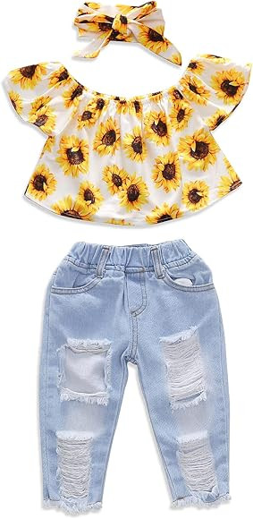 Little Girls Off Shoulder Ruffle Plaid Tops Distressed Jeans Pants Clothes Set | Amazon (US)