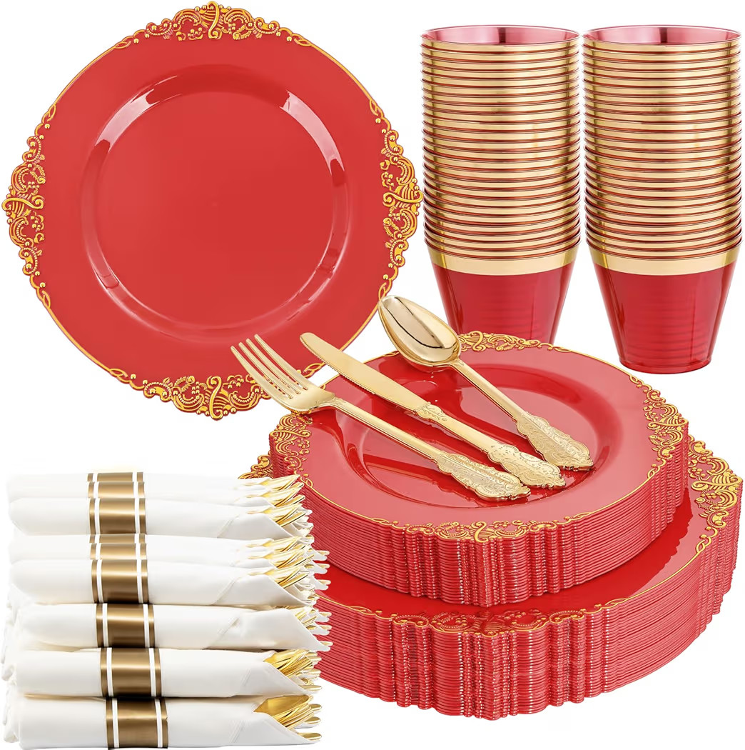 Nervure 175PCS Red Plastic Plates - Disposable Red Gold Party Plates & Pre Rolled Napkins with Cu... | Amazon (US)