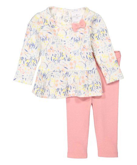 Apricot & Green Floral Bow Dorset Long-Sleeve Top & Coral Leggings - Newborn & Infant | Zulily