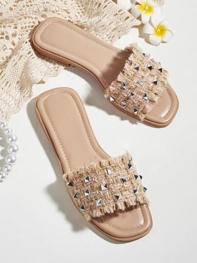 Studded Decor Fringe Trim Slide Sandals | SHEIN