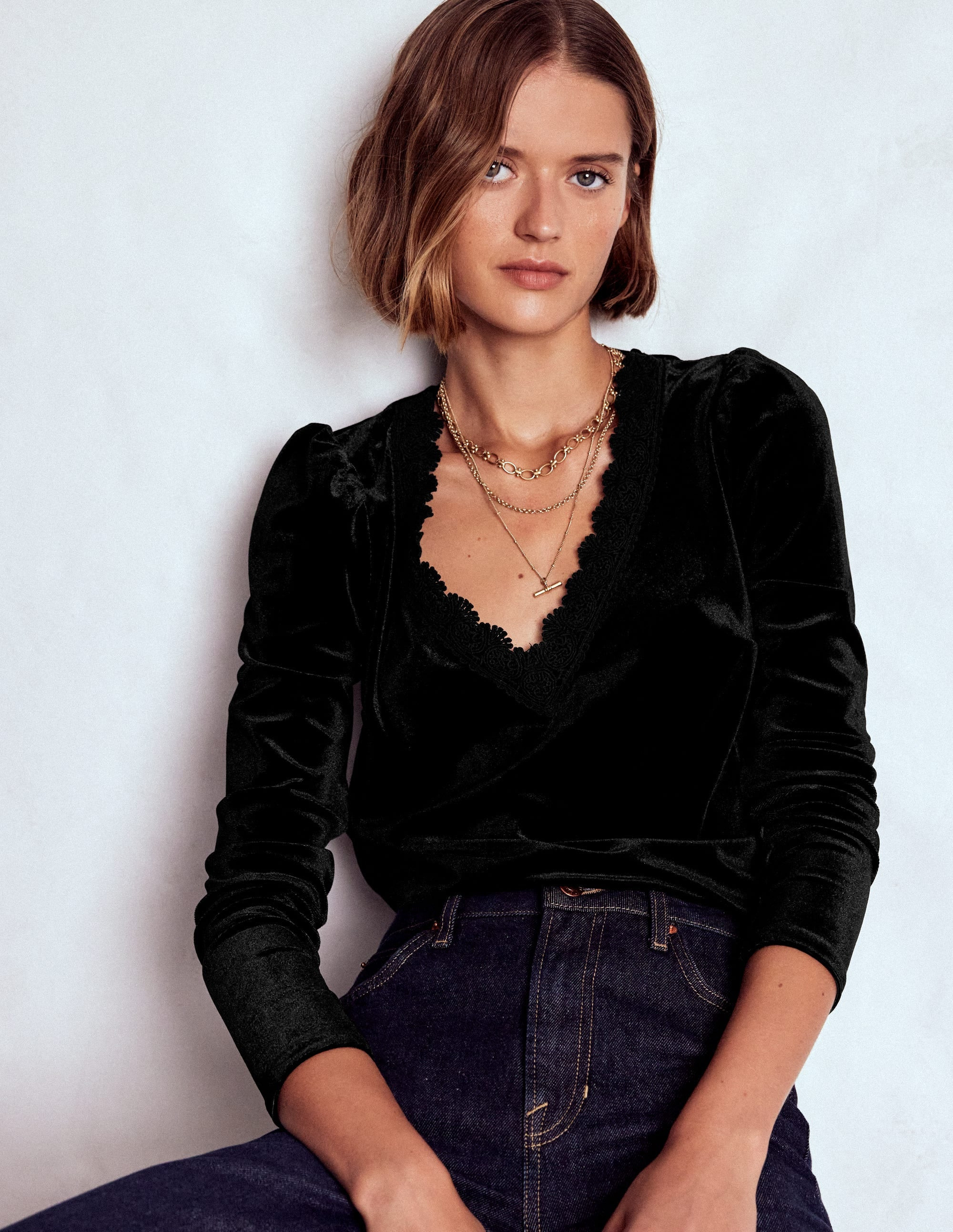 Flora V-Neck Velvet Top-Black | Boden (US)