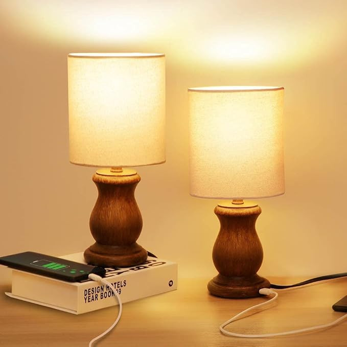Small Table Lamp for Bedroom Bedside - Vintage Farmhouse Lamp Set of 2, Rustic Bedside Lamps with... | Amazon (US)