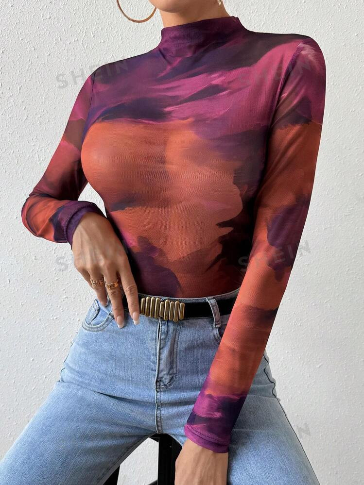 SHEIN Allurite Tie Dye Mock Neck Mesh Top | SHEIN