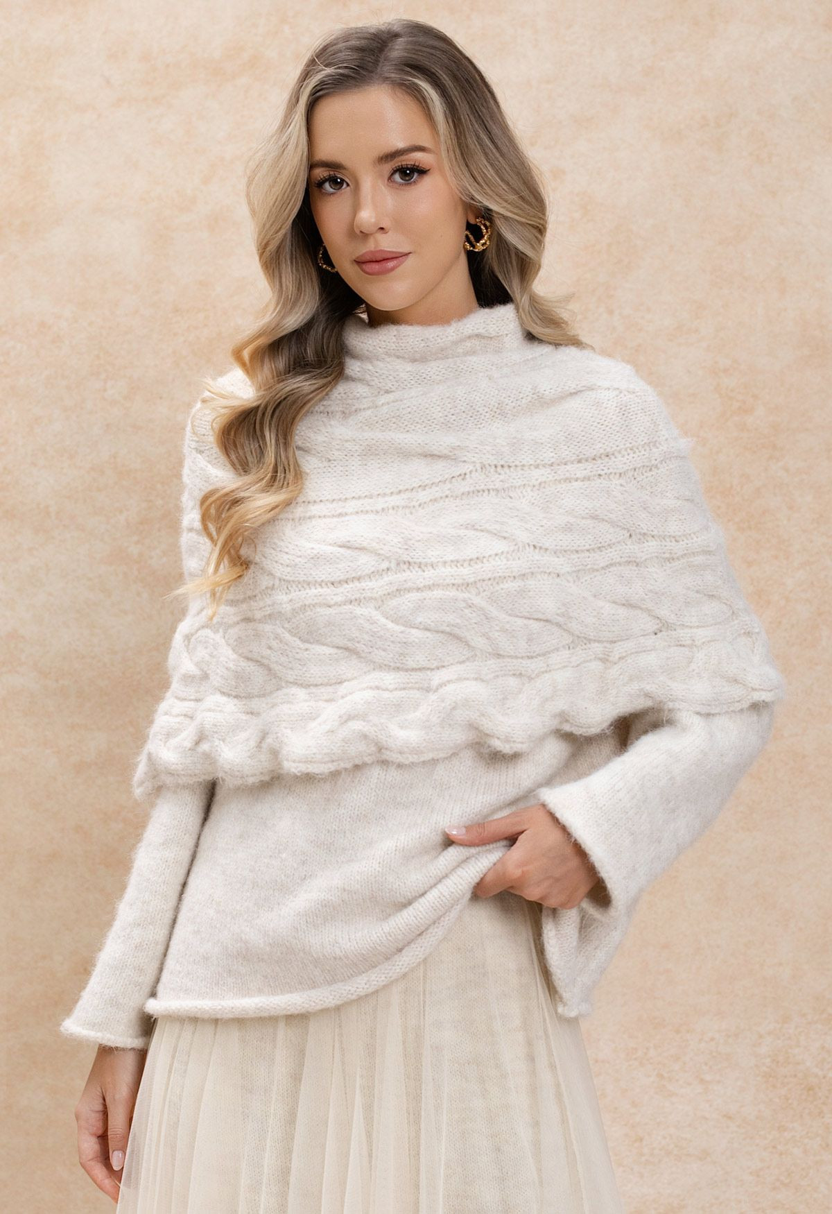 Cable Cape Knit Two-Piece Sweater Set in Ivory | Chicwish