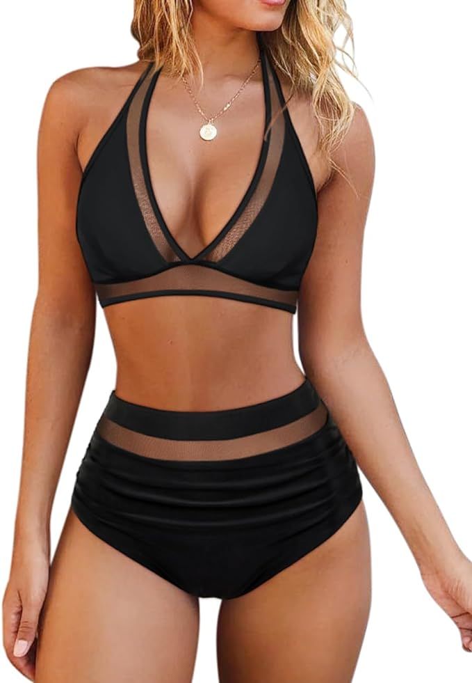 OMKAGI Women Mesh High Waisted Bikini Set Sexy V Neck Tummy Control Swimsuit Bathing Suit | Amazon (US)