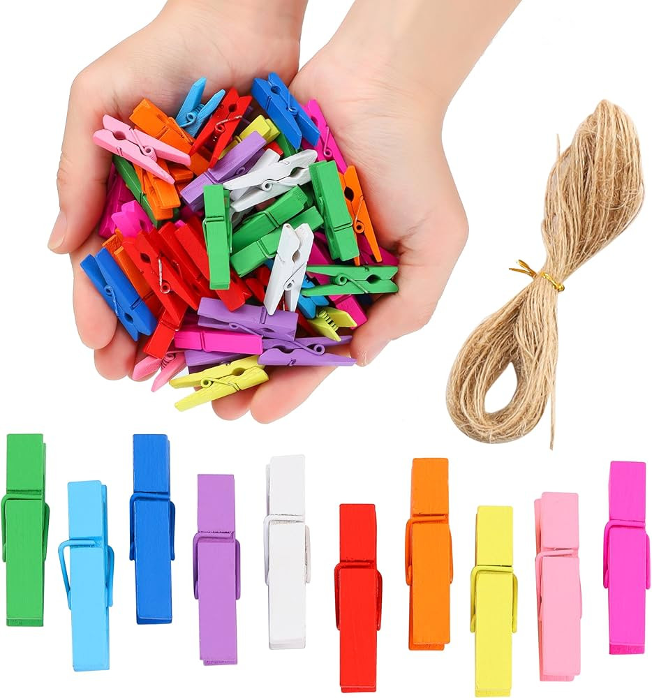 Mini Clothespins for Photos,100pcs Clothes Pins Wooden,Colorful Clothespins with Jute Twine, Smal... | Amazon (US)