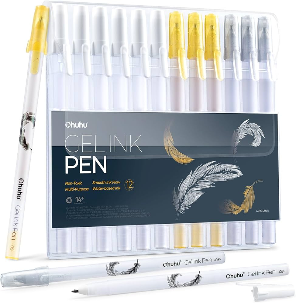 Ohuhu Gold Silver White Gel Pens: 12 Pack Extra Fine Point Pens Opaque Gel Ink Pens Smooth White ... | Amazon (US)