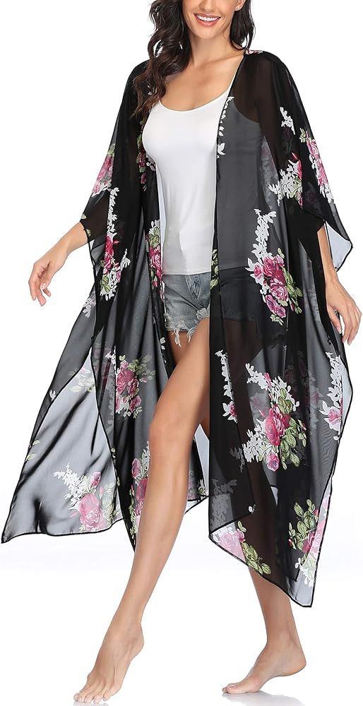 Womens Floral Kimono Cardigans Flowy Chiffon Long Beach Swimsuit Cover Ups | Amazon (US)