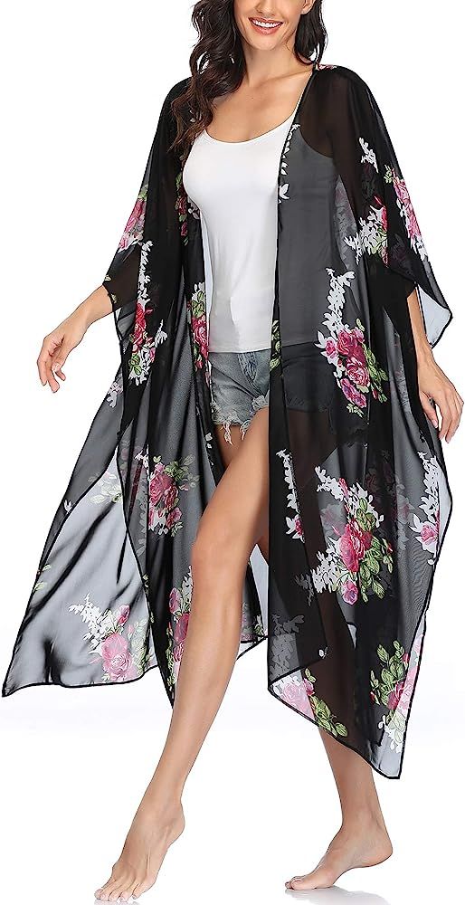 Womens Floral Kimono Cardigans Flowy Chiffon Long Beach Swimsuit Cover Ups | Amazon (US)