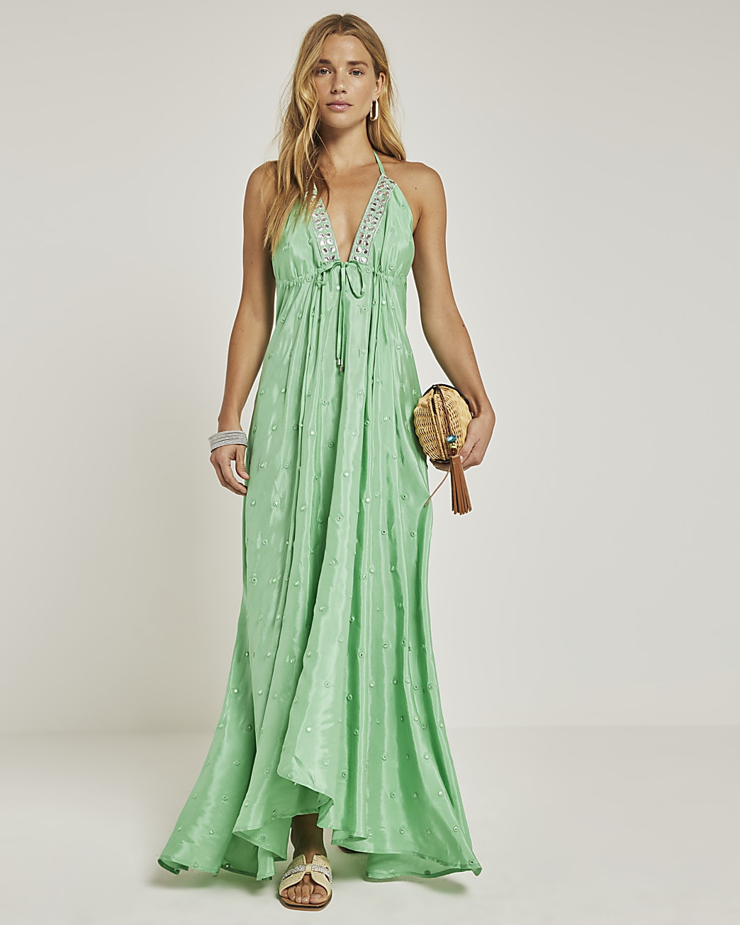 Green embellished plunge beach maxi dress | River Island (UK & IE)