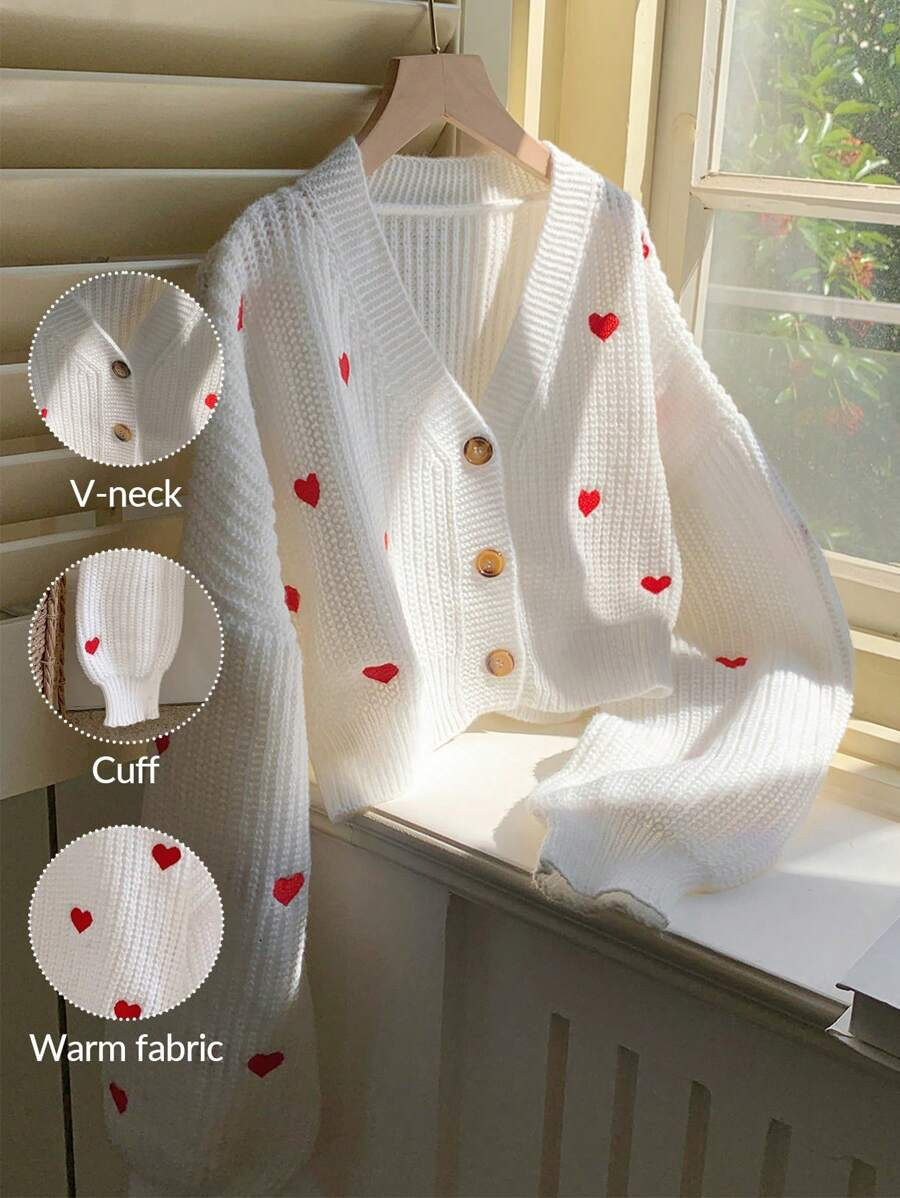 Comfortcana Women's Casual Heart Pattern Oversized Drop Shoulder Long Sleeve Cardigan, Autumn/Win... | SHEIN