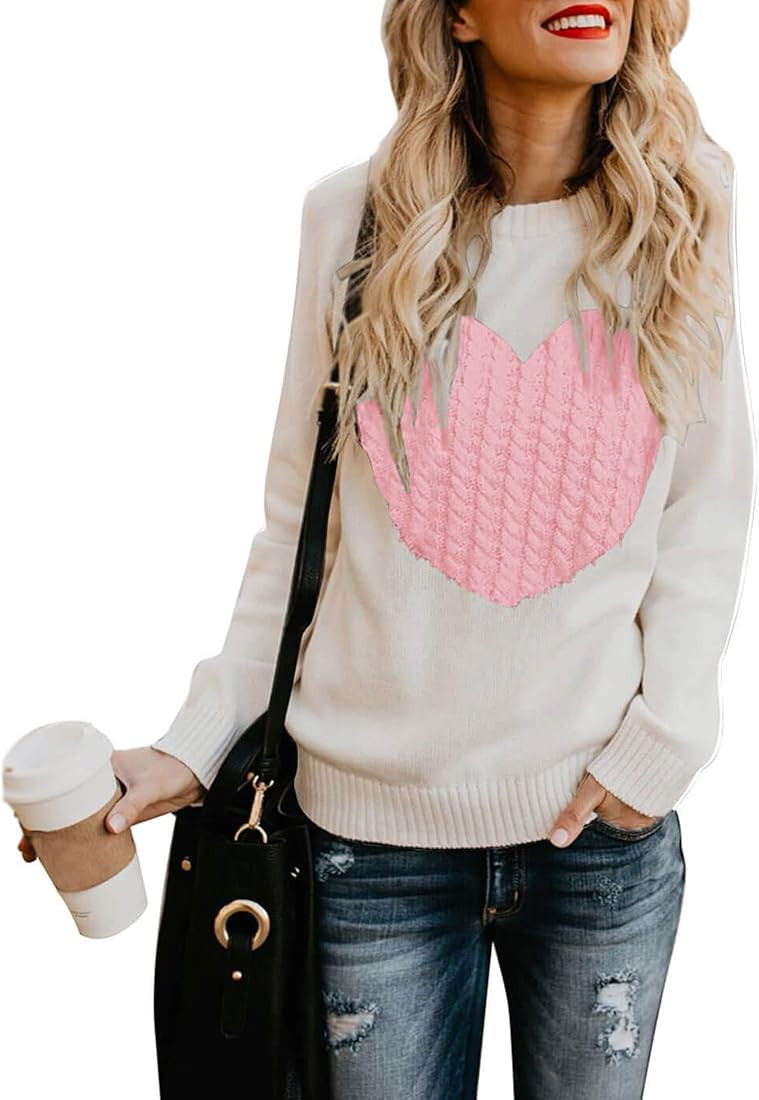 shermie Women's Pullover Sweaters Long Sleeve Crewneck Cute Heart Knitted Casual Sweater | Amazon (US)