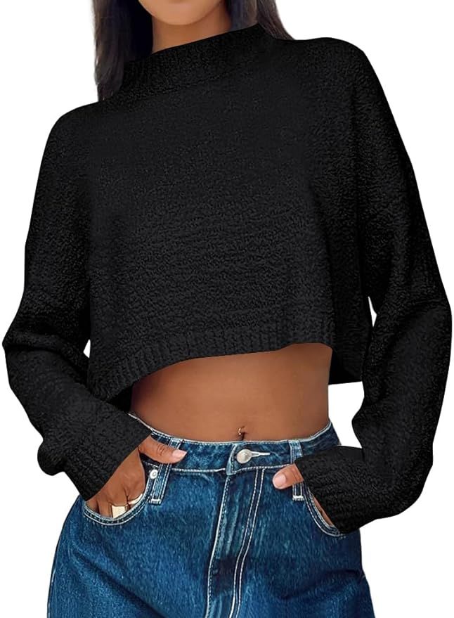 LILLUSORY Women's Cropped Sweaters 2023 Fall Winter Mock Neck Long Sleeve Fuzzy Knit Oversized Pu... | Amazon (US)