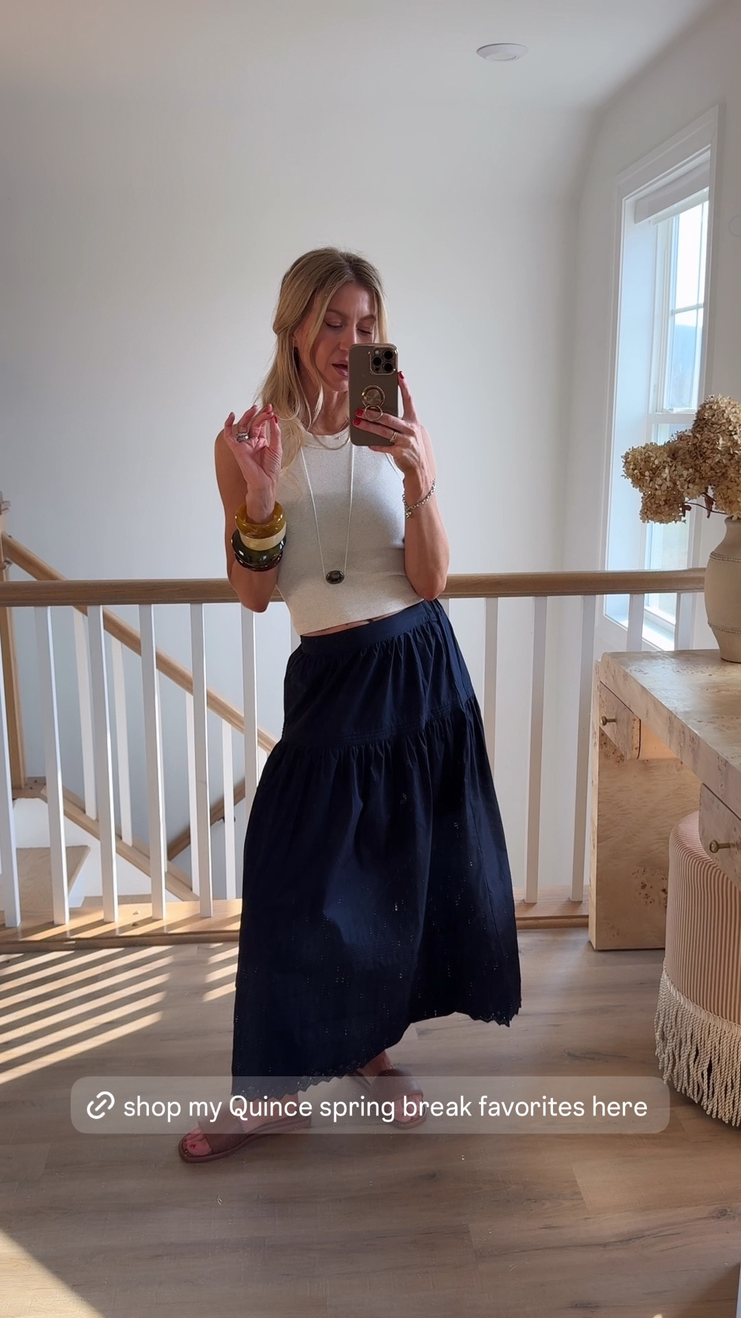 New Spring Break worth arrivals from Quince - the is swimwear is SO well done - highly recommend grabbing a suit for your beach vacation. @onequince #quincepartner 

Navy Bikini: TTS, wearing Med in top, Small in bottom. 

Navy skirt: TTS, wearing XS

Oatmeal tank: TTS, wearing XS

Cognac leather slides: TTS (order up if in between sizes) 

Leather woven tote shown in shade ‘Taupe’ 