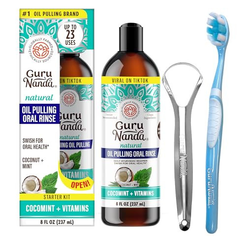 GuruNanda CocoMint Oil Pulling Mouthwash for Complete Oral Hygiene, 7 Essential Oils & Vitamins for Happy Teeth & Gums & Fresh Breath , Alcohol-Free, 8 oz | Amazon (US)