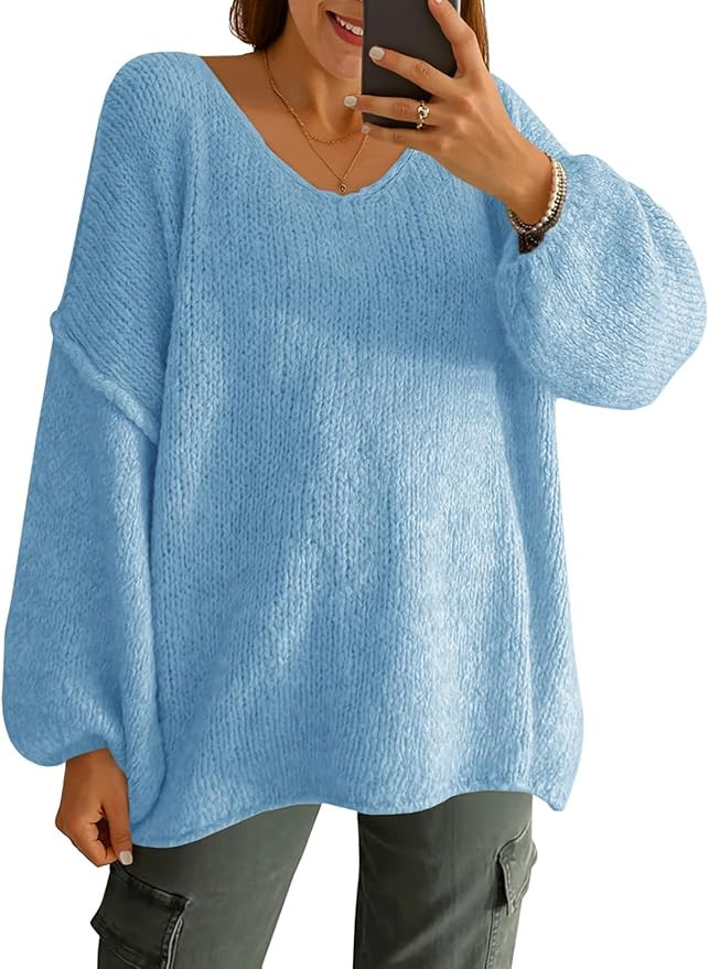 Saodimallsu Womens Oversized V Neck Sweaters Chunky Knit Lantern Long Sleeve Fall Winter Slouchy ... | Amazon (US)