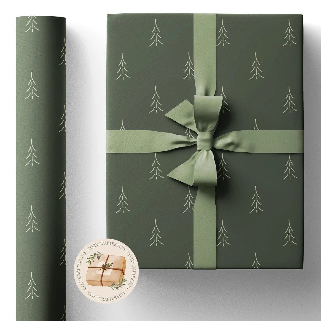 Minimal Vintage Christmas Tree Gift Wrapping Paper Rolls green holiday Eco Recycled Sheets Gift W... | Etsy (US)