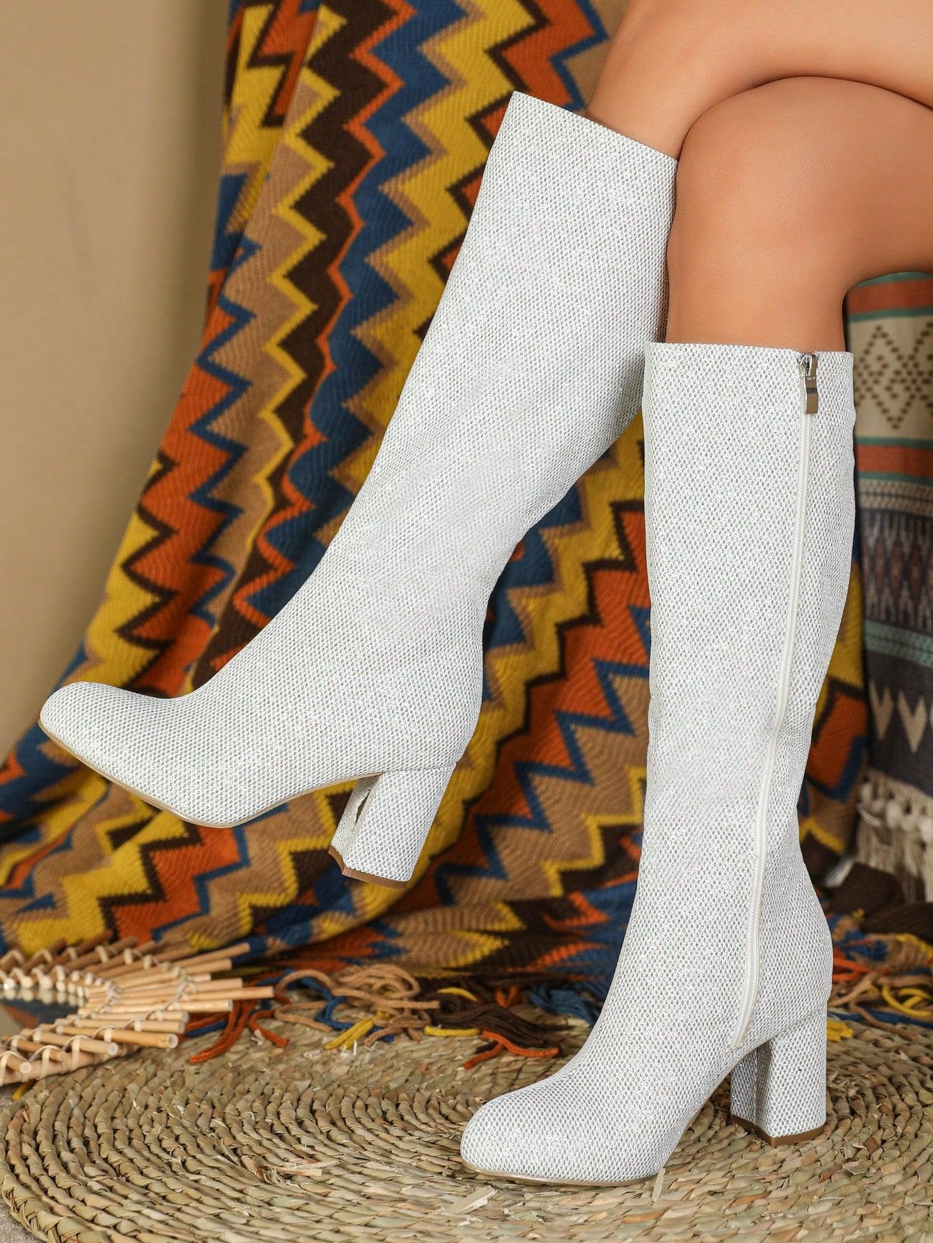 Women Glitter Side Zipper Chunky Heeled Fashion Boots, Glamorous Glitter Classic Boots | SHEIN
