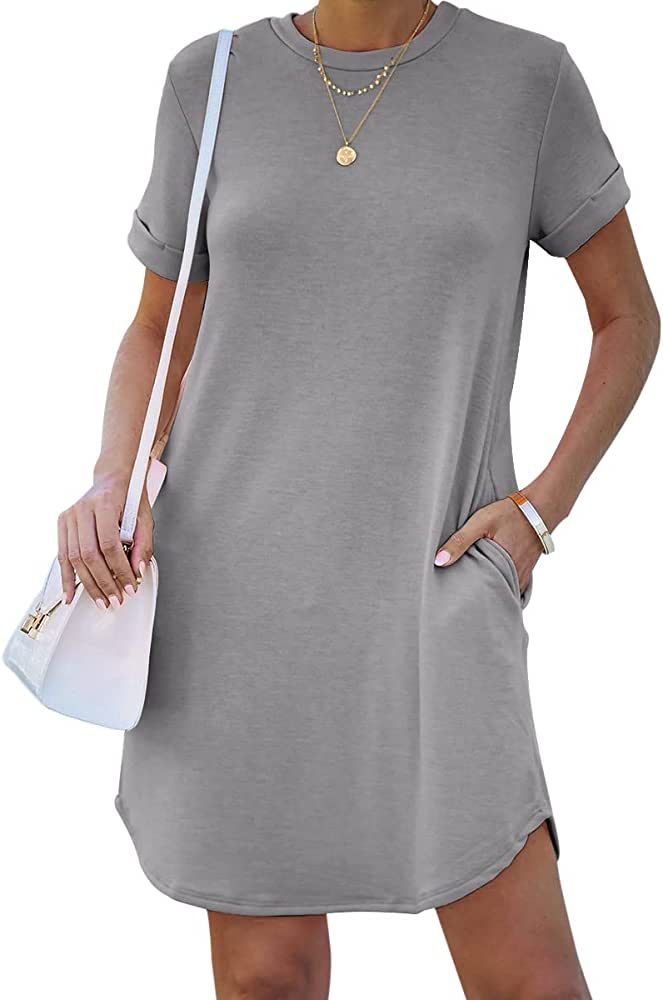 Fazortev Womens Casual Short Sleeve T Shirt Dress Summer Loose Fit Crew Neck Mini Dresses with Po... | Amazon (US)