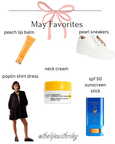 These are my May Favorites 

💋 love this lip balm the peach is so good. Keeps the lips feeling hydrated 
👗 love this poplin shirt dress 
☀️ been loving this sunscreen stick it has spf 50 and is easy to reapply 
👟 pearl sneakers, I bought these as part of my eras tour outfit but was able to wear them early to an event and they were sooooo comfortable 

#LTKbeauty #LTKFind #LTKshoecrush