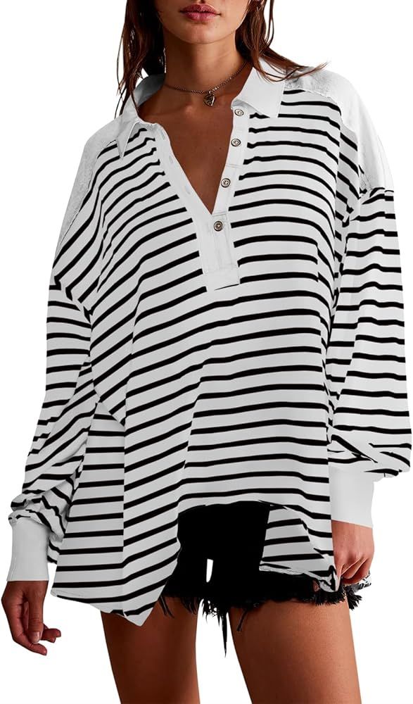 Tankaneo Womens Oversized Striped Sweatshirts Long Sleeve Polo Shirt Cotton Loose Fit Henley Tops | Amazon (US)