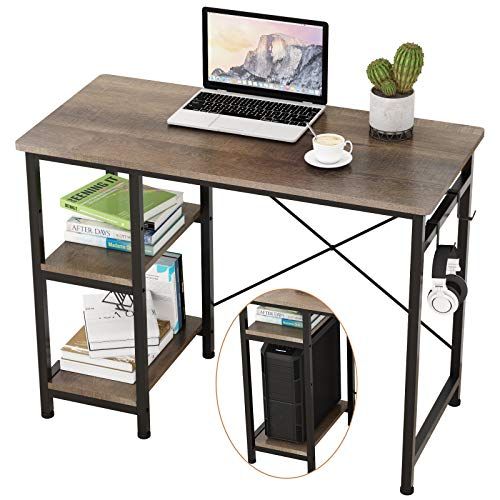 Engriy Writing Computer Desk 39", Home Office Study Desk with 2 Hooks and Storage Shelves on Left... | Amazon (US)