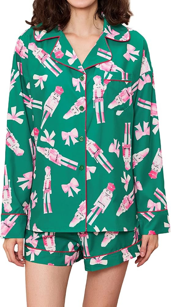 UAURORAO Women Christmas Cartoon Satin Shorts Set Long Sleeve Cute Print Button Down Shirts Color... | Amazon (US)
