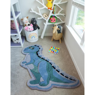 Unique Loom Playtime Kids Wool Collection Area Rug - Dino (1' 7" x 3' 7"  Blue/Black) | Target