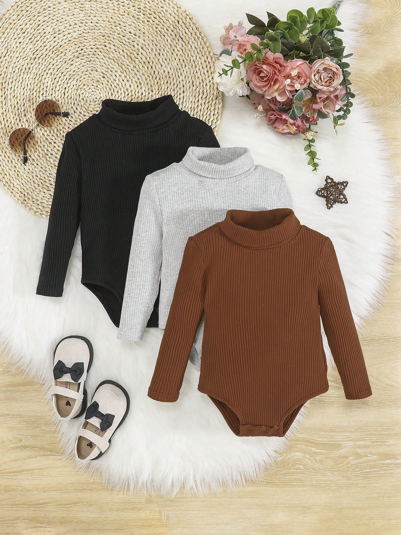 SHEIN Baby Girl 3pcs Ribbed Knit Turtleneck Bodysuit | SHEIN
