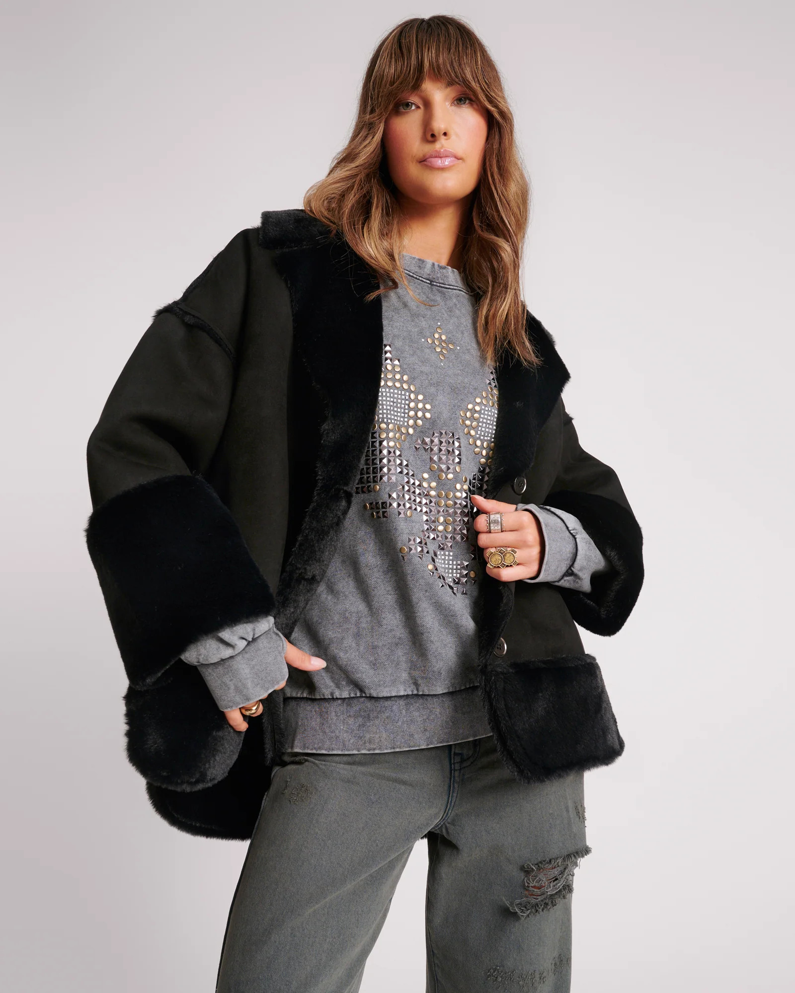 One Teaspoon Faux Shearling Aviator Coat - Black | OneTeaspoon