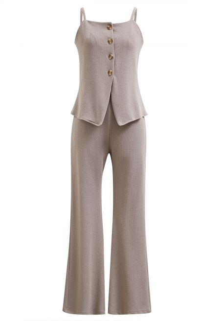 Button Front Asymmetric Cami Top and Pants Set in Taupe | Chicwish