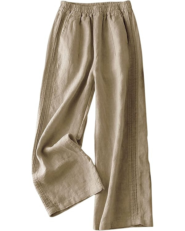 IXIMO Women's Linen Pants Elastic Pleated Wide Leg Straight Fit Palazzo Pants | Amazon (US)